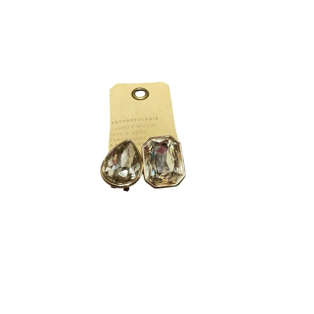 Anthropology Adorations Mismatched Faceted Crystal Statement Earrings Gold NWT